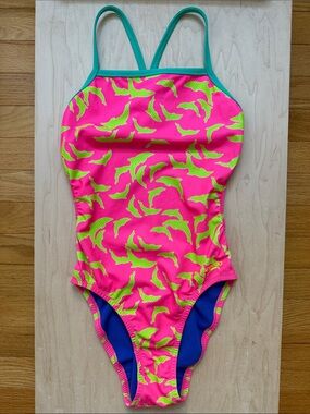 Speedo • sz28 • Neon Pink with yellow dolphins + teal trim “one back” straps.